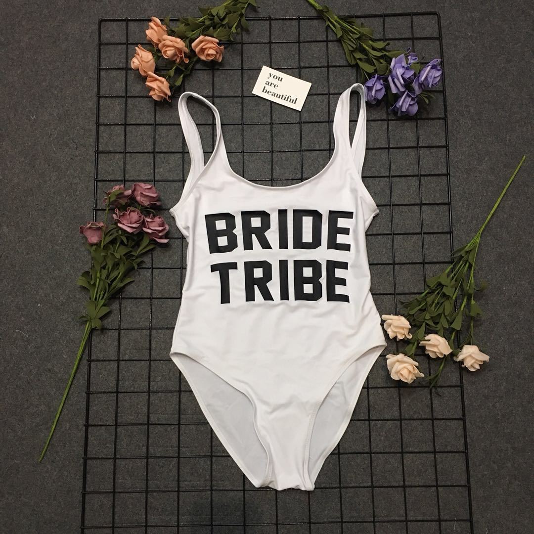 bride tribe字母印花连体泳衣 外贸欧美性感露背印花比基尼泳衣