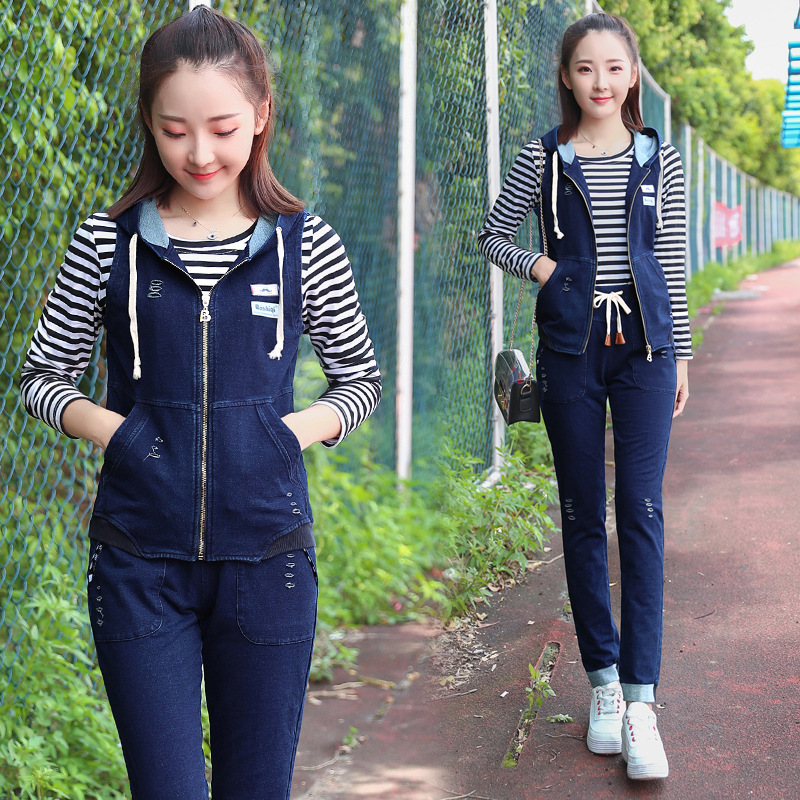 实拍初中生牛仔时尚套装女秋装三件套装中学生休闲运动牛仔套装