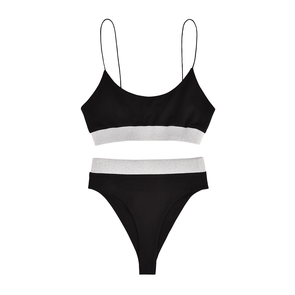 2018欧美亚马逊新爆款性感高腰亮丝纯色分体泳衣两件套泳装比基尼