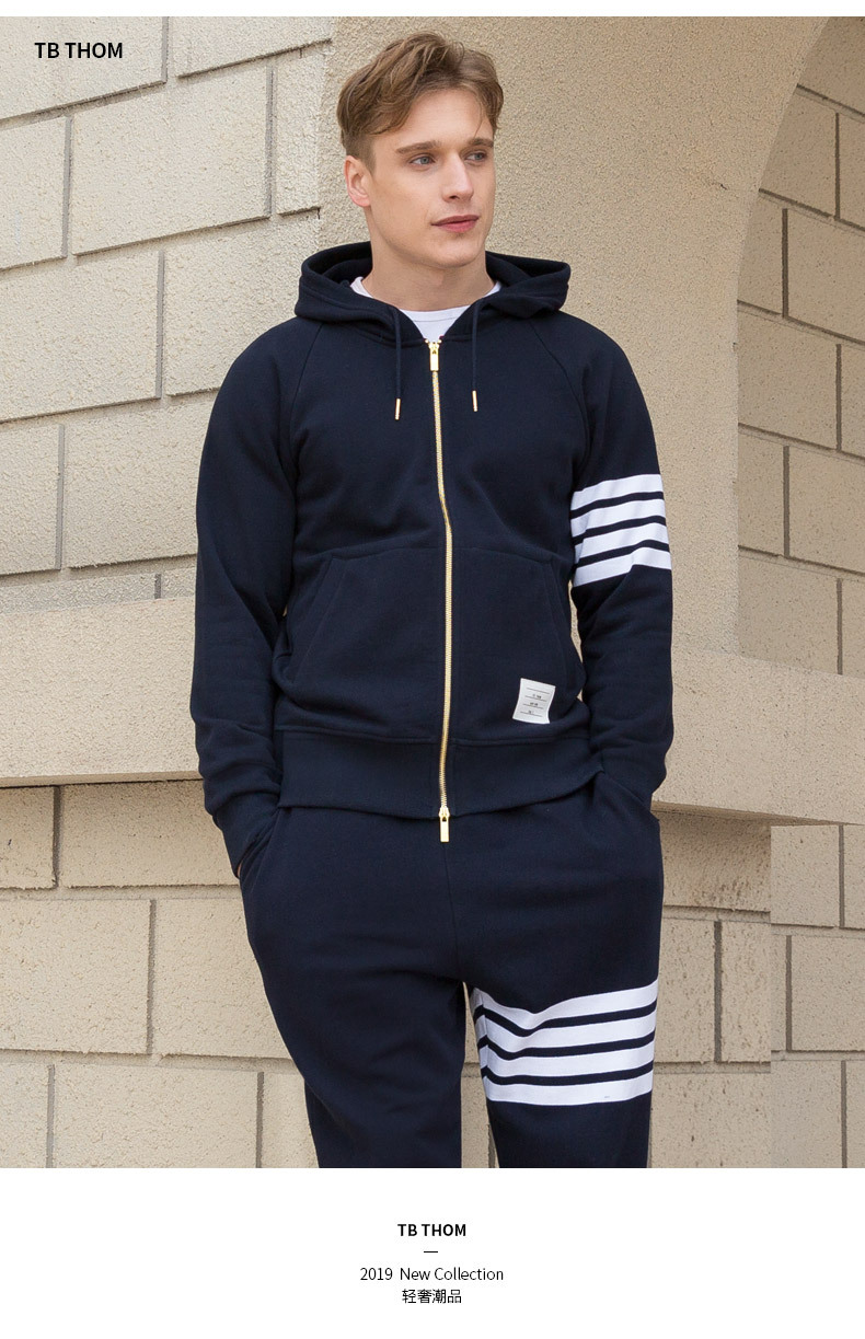色织tb thom春季新品拉链连帽卫衣男情侣装韩版潮流纯棉外套批发