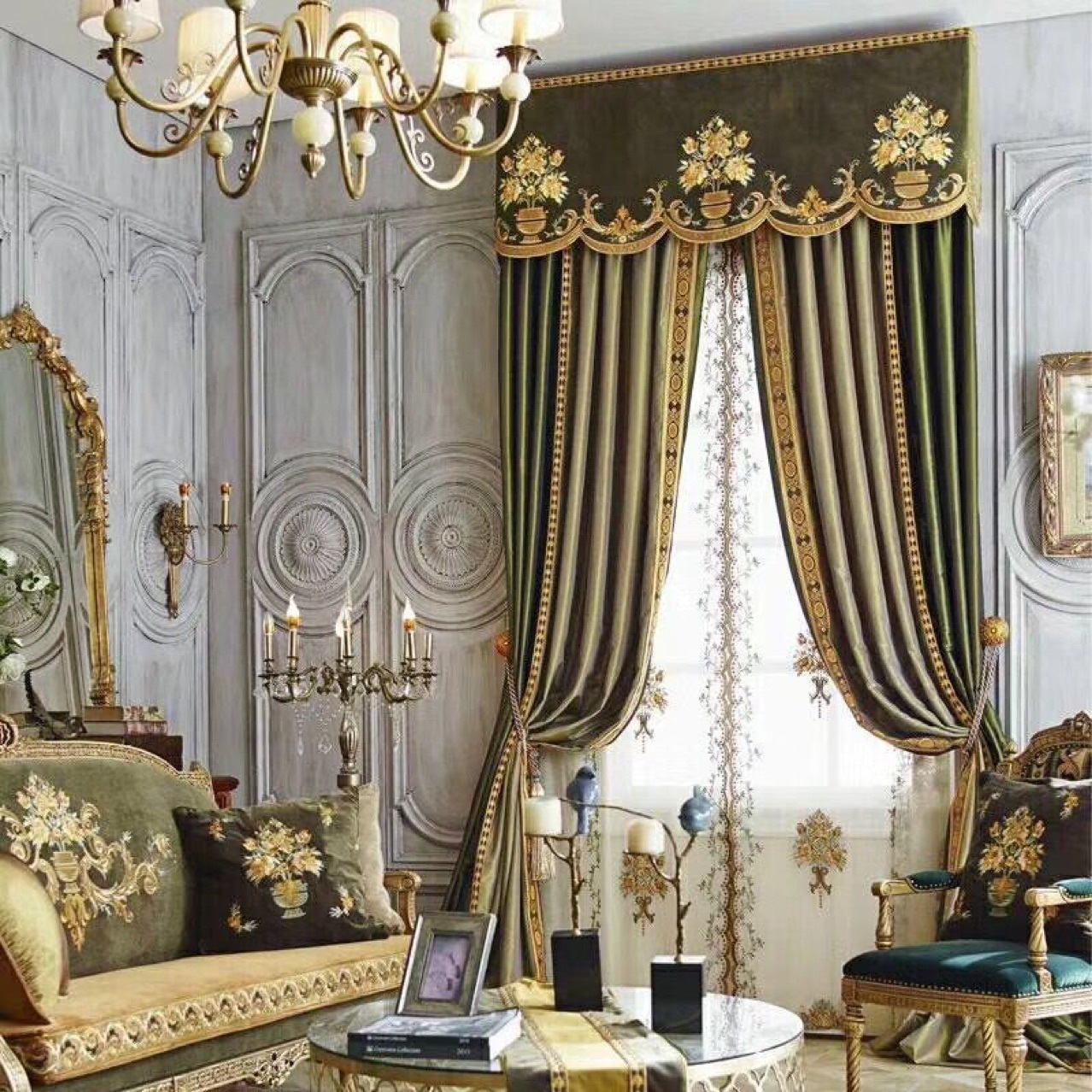 高档欧式绒布绣花高窗窗帘布料窗纱法式别墅拼接窗帘批发帘头成品