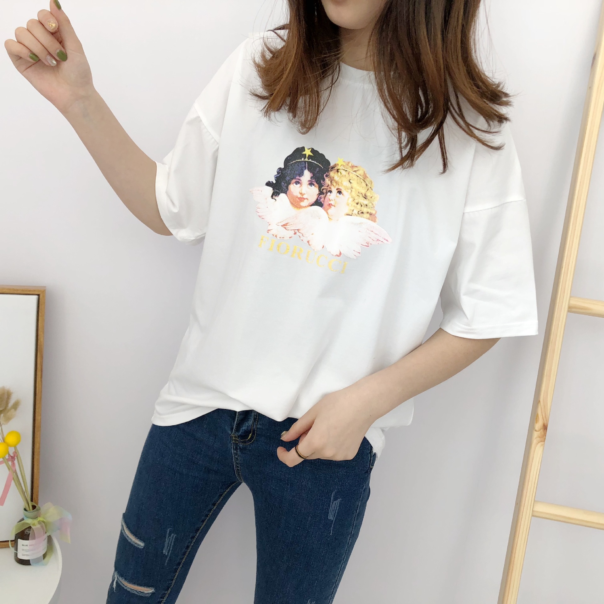 7081 纯棉胸前小天使印花短袖t恤524