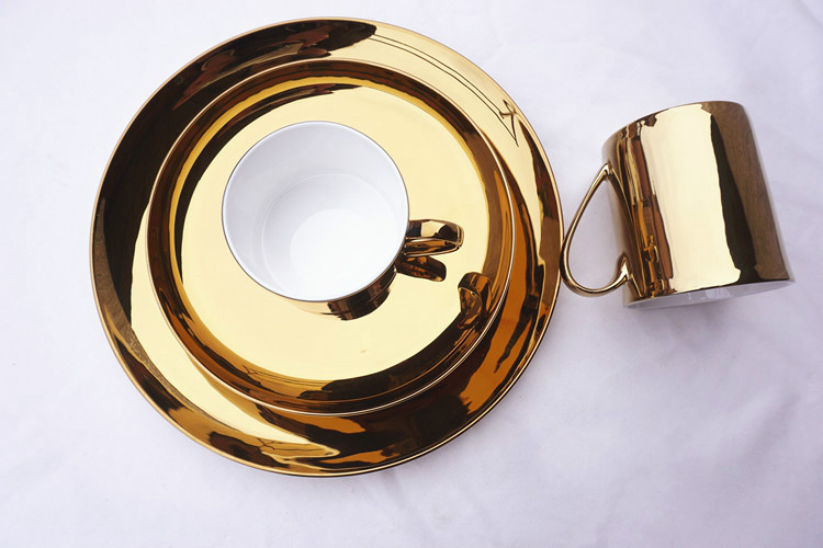 艾林家居-外贸陶瓷镀金甜点心盘镀银早餐盘托盘咖啡杯马克杯