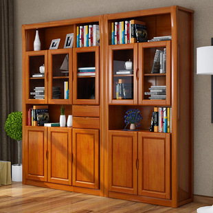 现代中式实木书柜家用书架组合两门三门五门带玻璃门办公室大书橱