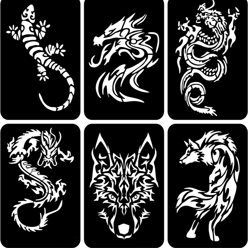 纹身模板镂空板仿真刺青男士手臂狼龙海娜喷绘彩绘三层覆膜小模板