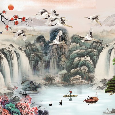 中式山水风景大型壁画锦绣山河壁纸客厅电视背景墙墙纸定制5d壁画