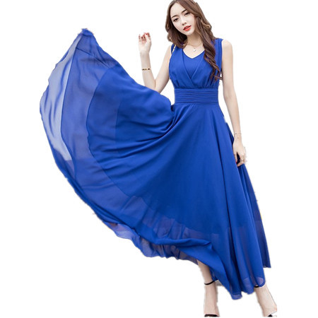 跨境实拍春夏季新款女装沙滩长裙韩版修身气质雪纺波西米亚连