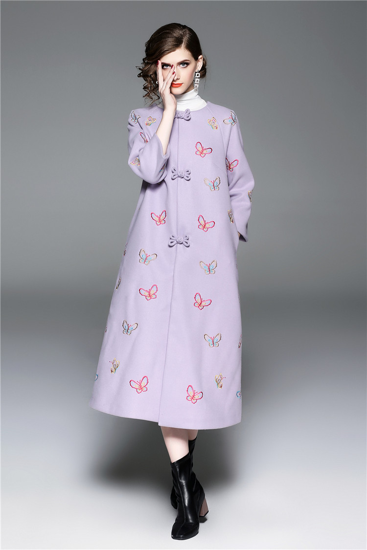 中国风刺绣女装秋冬新款民族风圆领盘扣蝴蝶绣花外套长款风衣