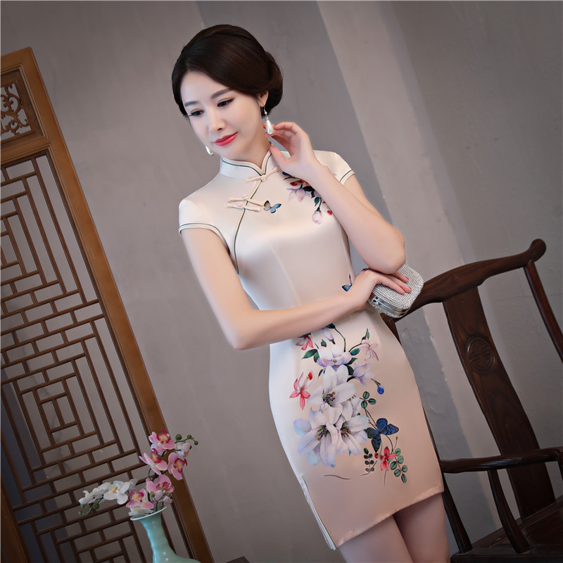 枫玫丝短款夏季修身复古改良时尚丝绸少女旗袍连衣裙短袖日常性感