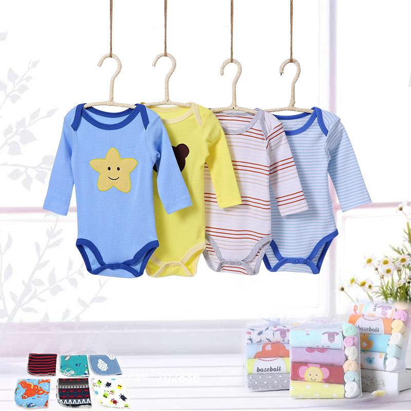 2022 Summer Factory Wholesale New Baby Clothes Long-Sleeve Jumpsuit Small Square Towel Baby Jumpsuit Gift Box