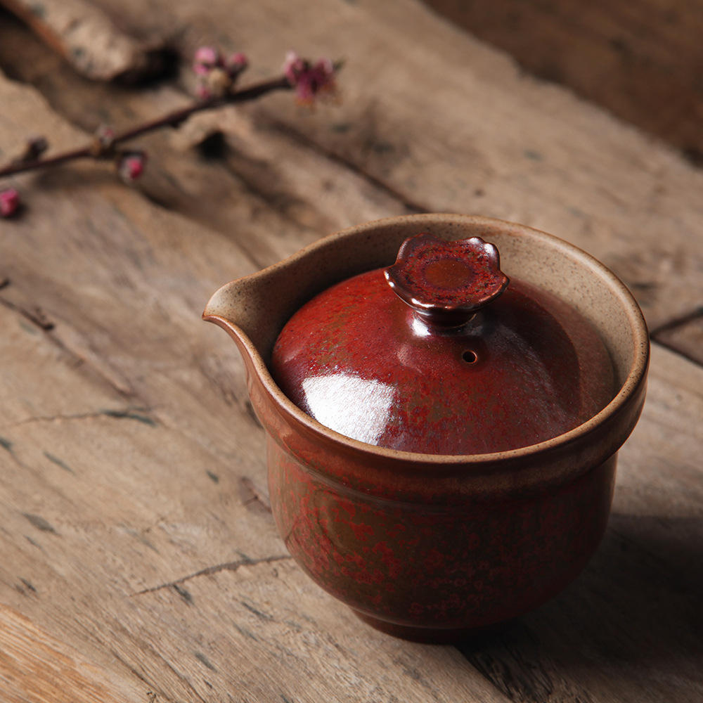 景德镇制铁红釉老岩泥随手泡盖碗 金属釉手抓壶 金光茶碗 泡茶壶