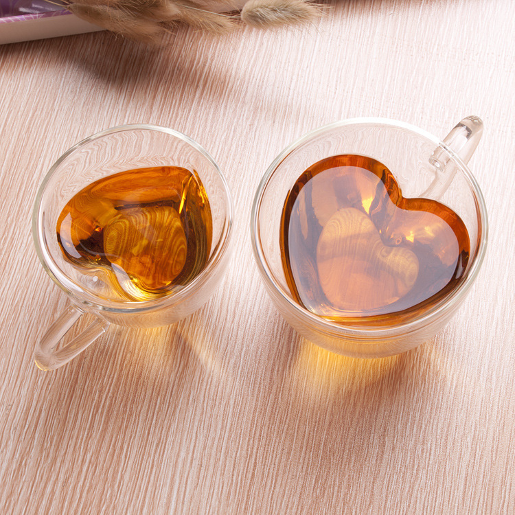 Processing Customized Double-Layer Heart-Shaped Love Cup Nice Cup Glass Tea Juice Cup Cute Coffee Glass