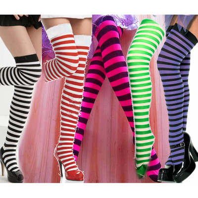 彩条圣诞袜 斑马纹袜 外贸大腿袜子 成人袜 女士性感长筒条纹袜