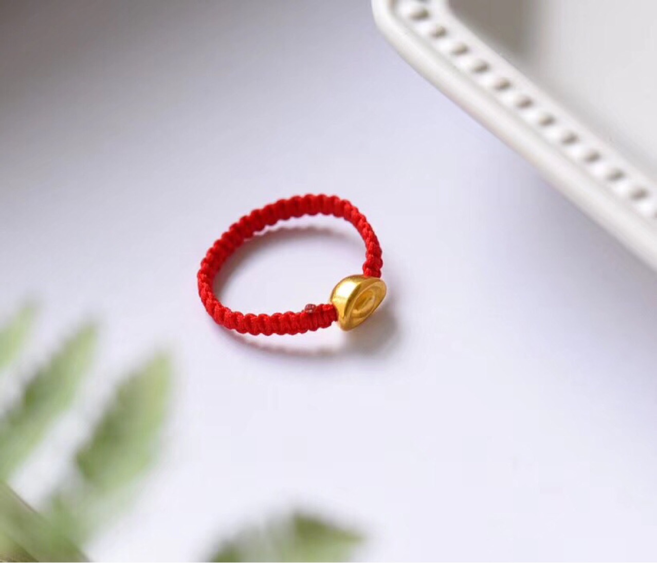 千足金999小元宝黄金转运珠戒指 红绳手工编织本命年 3d硬金红绳