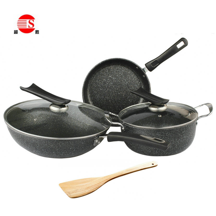 爆款麦饭石四件套锅多功能礼品锅具套装家用不粘平底铁锅灶具通用