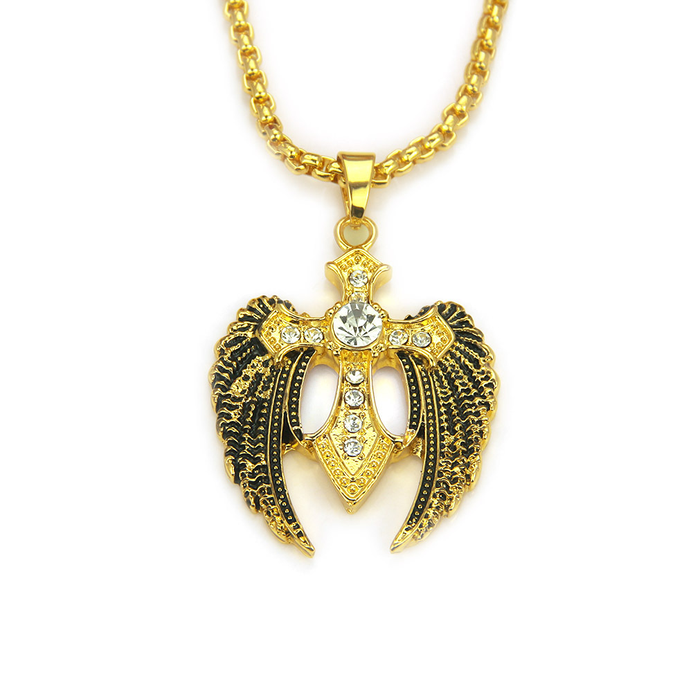 速卖通创意新款嘻哈说唱镶钻十字架翅膀项链外贸吊坠欧美时尚饰品