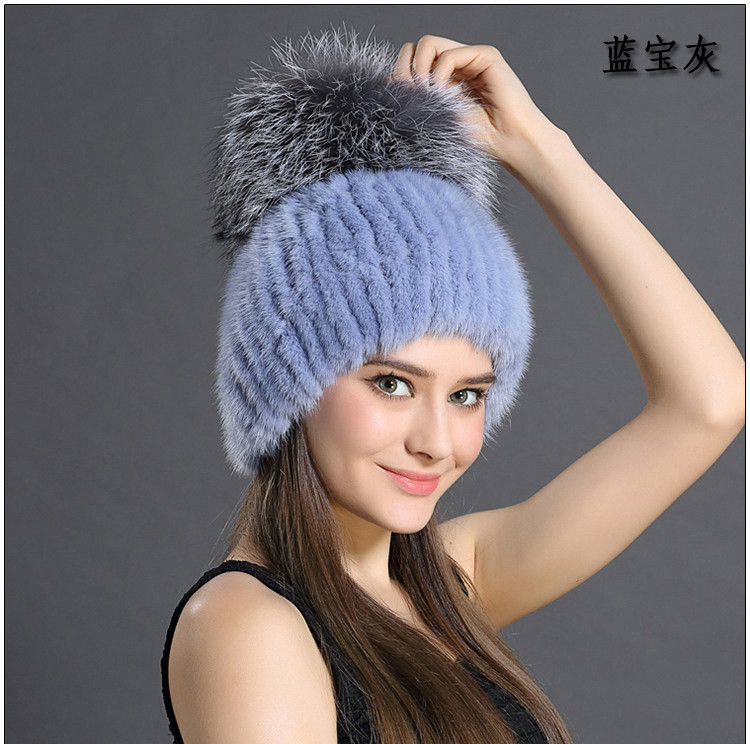 韩版秋冬水貂毛皮草帽子女水貂编织帽狐狸毛大球保暖帽时尚