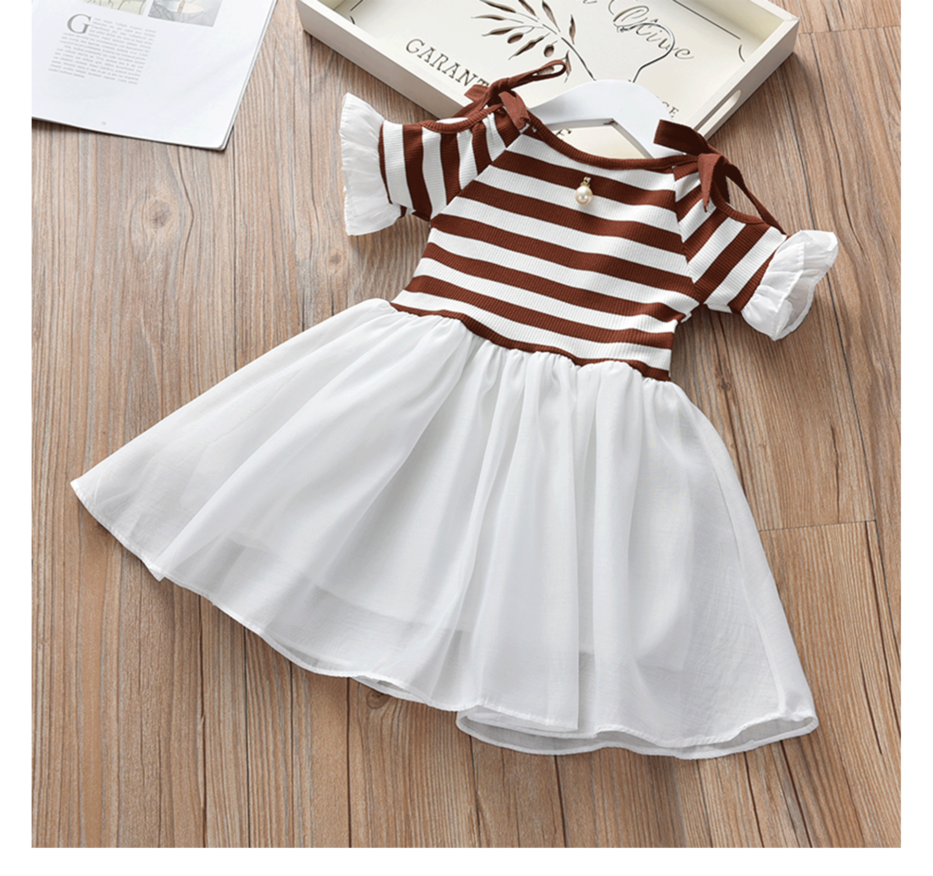 夏季ins女童连衣裙夏 2020新款童装露肩条纹裙子 儿童短袖公主裙