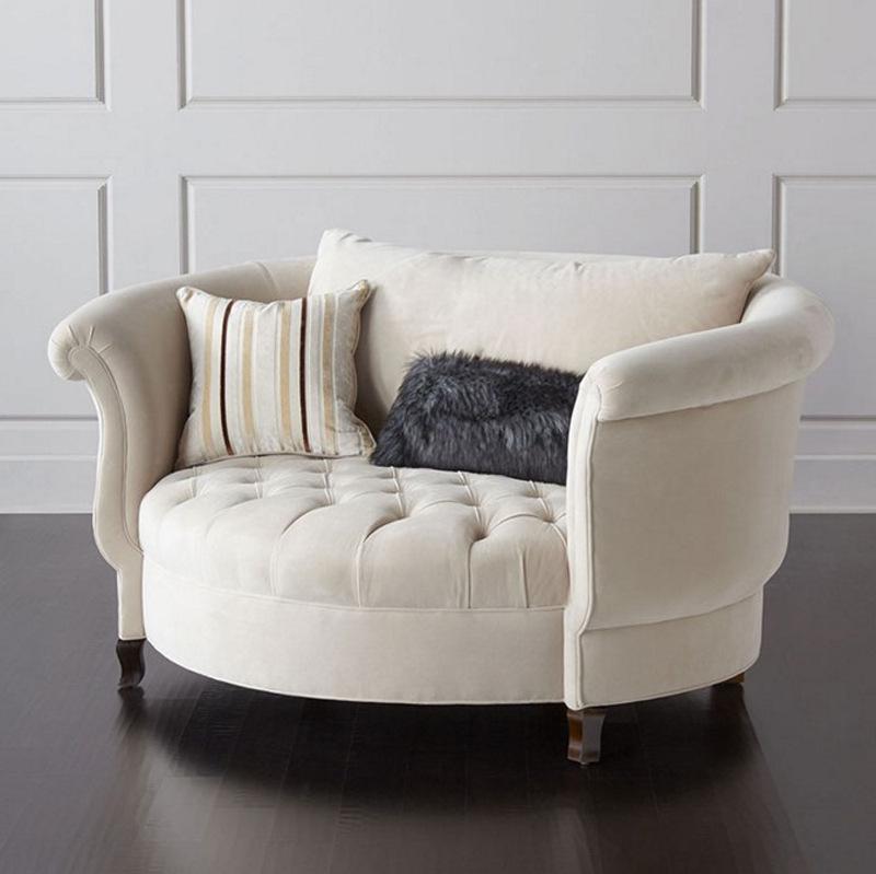 美式椭圆形沙发欧式单人小沙发绒质布艺拉扣客厅新古典弧形休闲椅