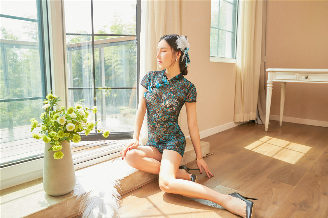 欧美情趣内衣女式性感孔雀刺绣旗袍制服诱惑睡衣套装外贸