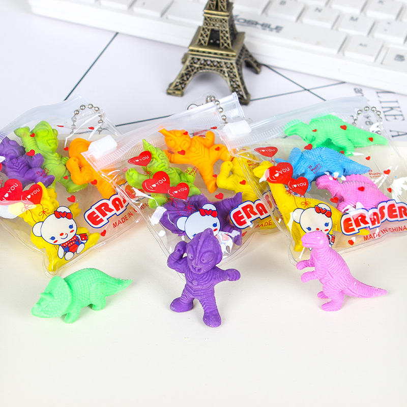 创意恐龙橡皮擦儿童玩幼儿园玩具橡皮卡通文具袋装立体动物批发