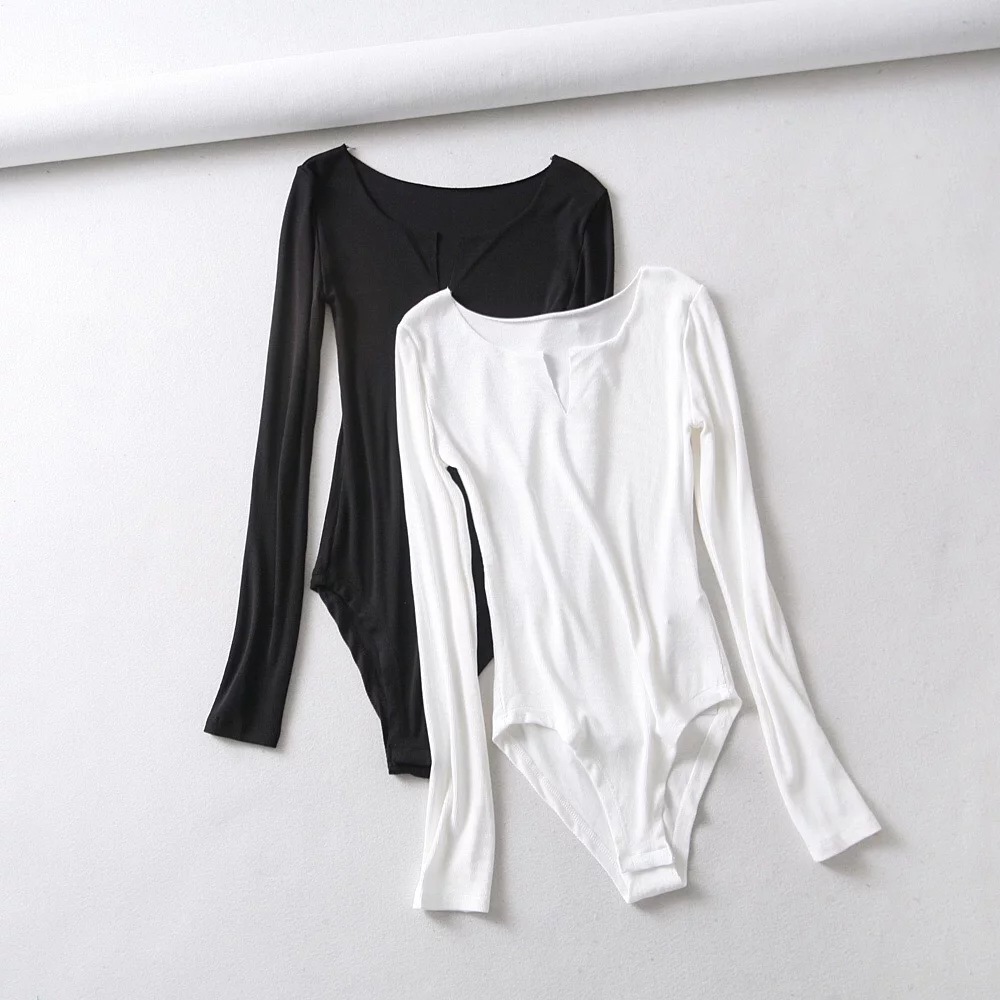 速卖通欧美秋冬季女装上衣性感紧身大v领连体衣女纯色百搭长袖t恤