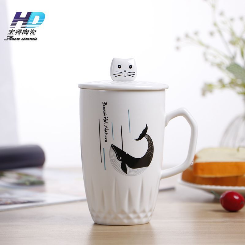 创意卡通猫陶瓷杯子带盖马克杯 咖啡茶水杯骨瓷 广告杯定制logo