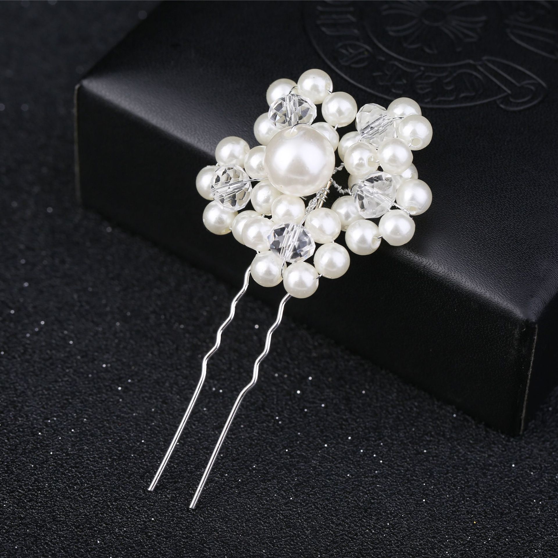 新娘u型珍珠小花发簪 手工串珠头花韩式珍珠结婚头饰婚纱发饰
