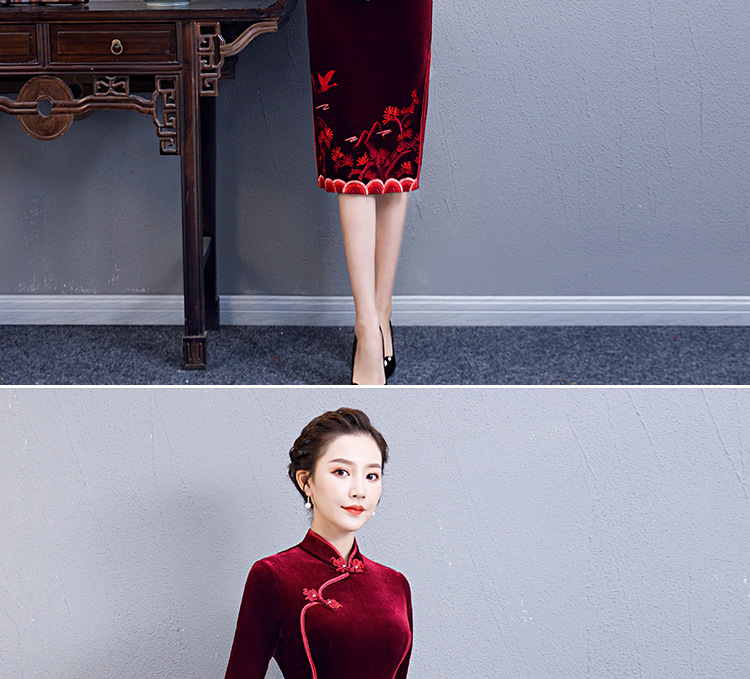 金丝绒绣花旗袍礼服婚礼婚庆妈妈装2018新款冬女厂家直销批发3332