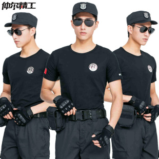 夏季保安服t恤速干执勤工作服男短袖安保作训服圆领黑色保安t恤衫