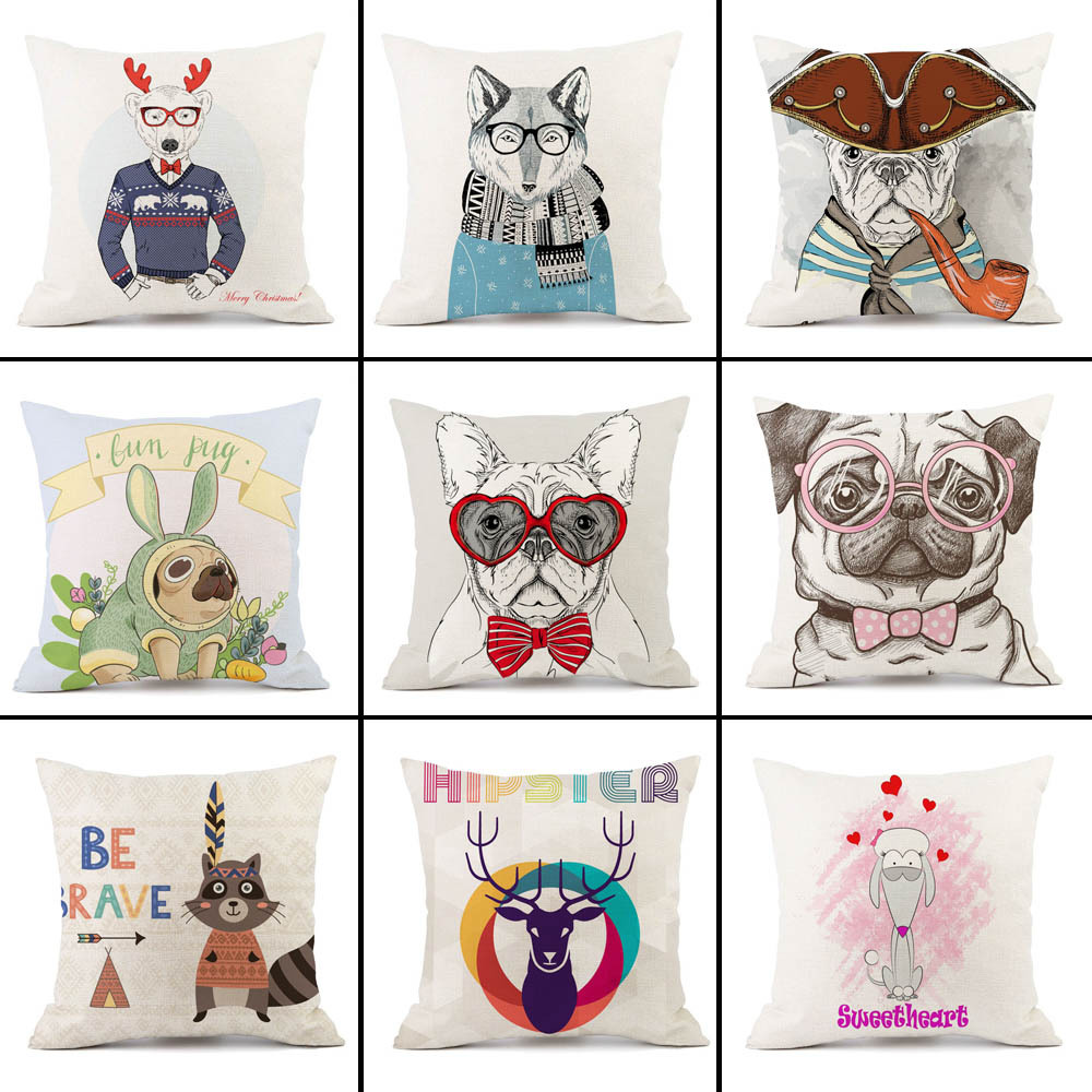 Gift Wholesale Cartoon Christmas Animal Linen Digital Printing Pillow Cushion Sofa Picture Printing Logo