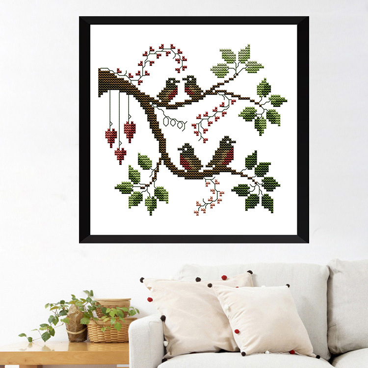 创意布艺十字绣四只小鸟动物客厅刺绣挂画手工diy材料包一件代发