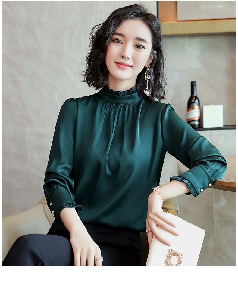 立领真丝衬衫女长袖2019秋季新款气质褶皱时尚休闲桑蚕丝女士上衣