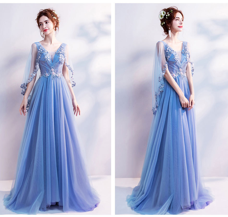 蓝色梦幻披纱连衣裙婚礼新娘性感v领拼接纱敬酒服宴会主持人晚装