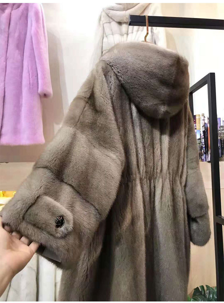 2019进口整貂天鹅绒中长款休闲带帽大码女貂皮大衣水貂皮草批发