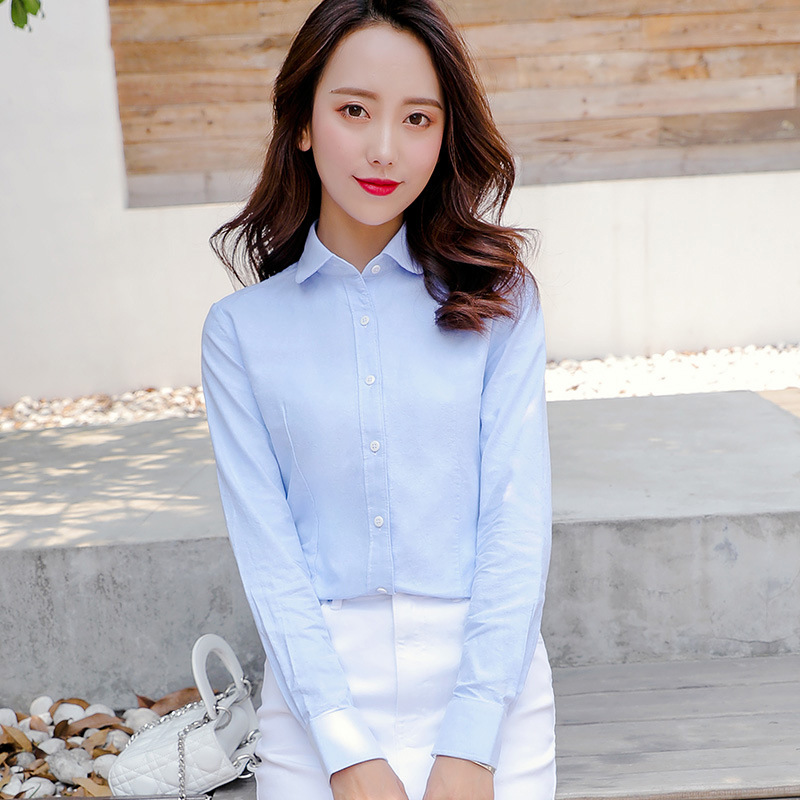 春季新款全棉女牛津纺长袖衬衫纯棉女士衬衣休闲日系百搭娃娃方领