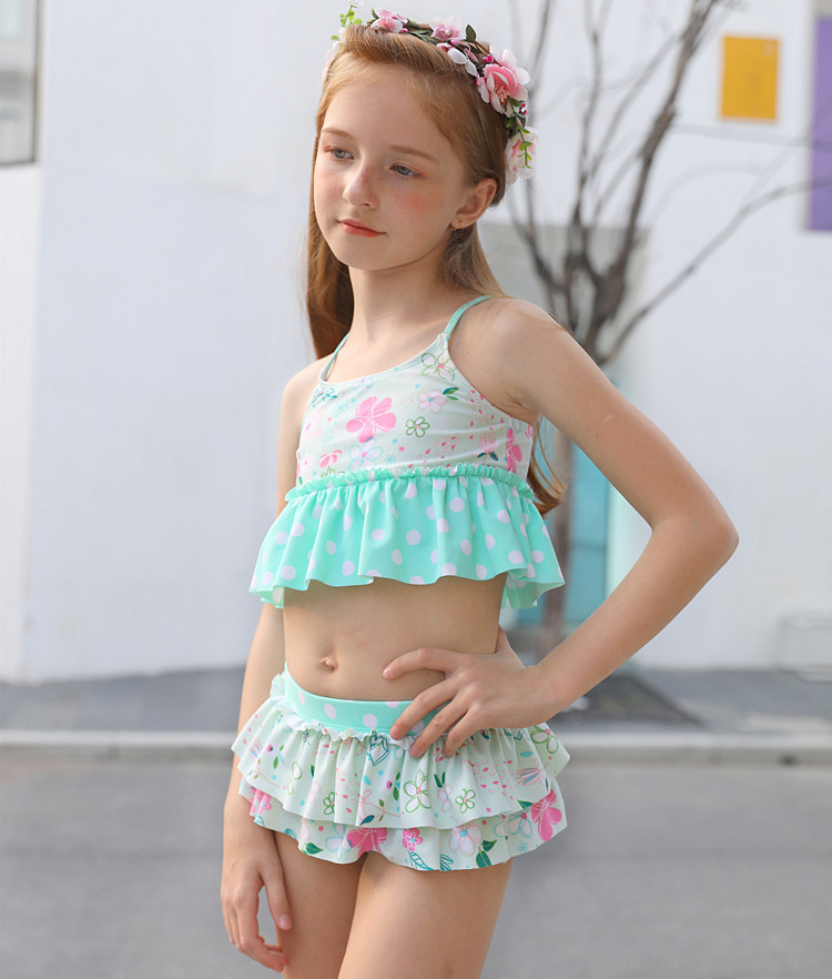 儿童泳衣宝宝中大童绿色碎花防晒长袖四件套可爱女孩裙式分体泳装