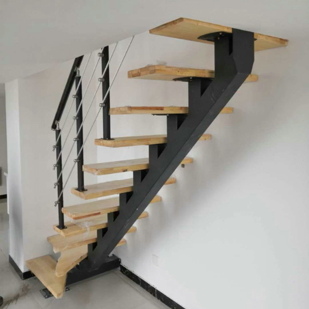 小区家用室内斜梁钢木扶手楼梯木制定做踏步阁楼楼梯批发