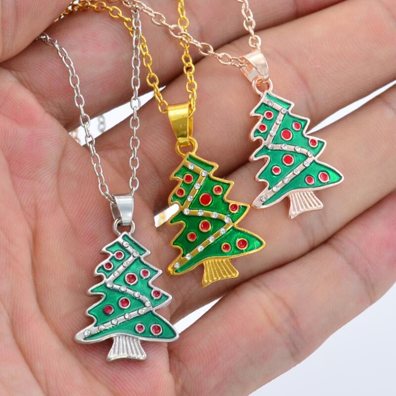 热销新款圣诞节礼物饰品 简约滴油镶钻锆石圣诞树项链吊坠v1044