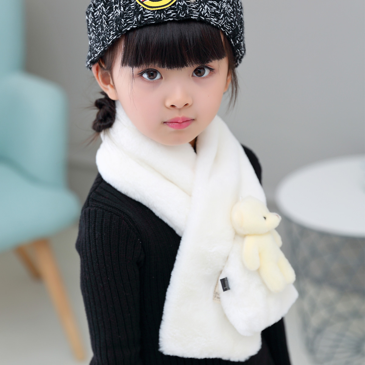 新款韩版仿兔毛儿童围巾冬季保暖加厚交叉围脖秋冬天毛绒围巾批发