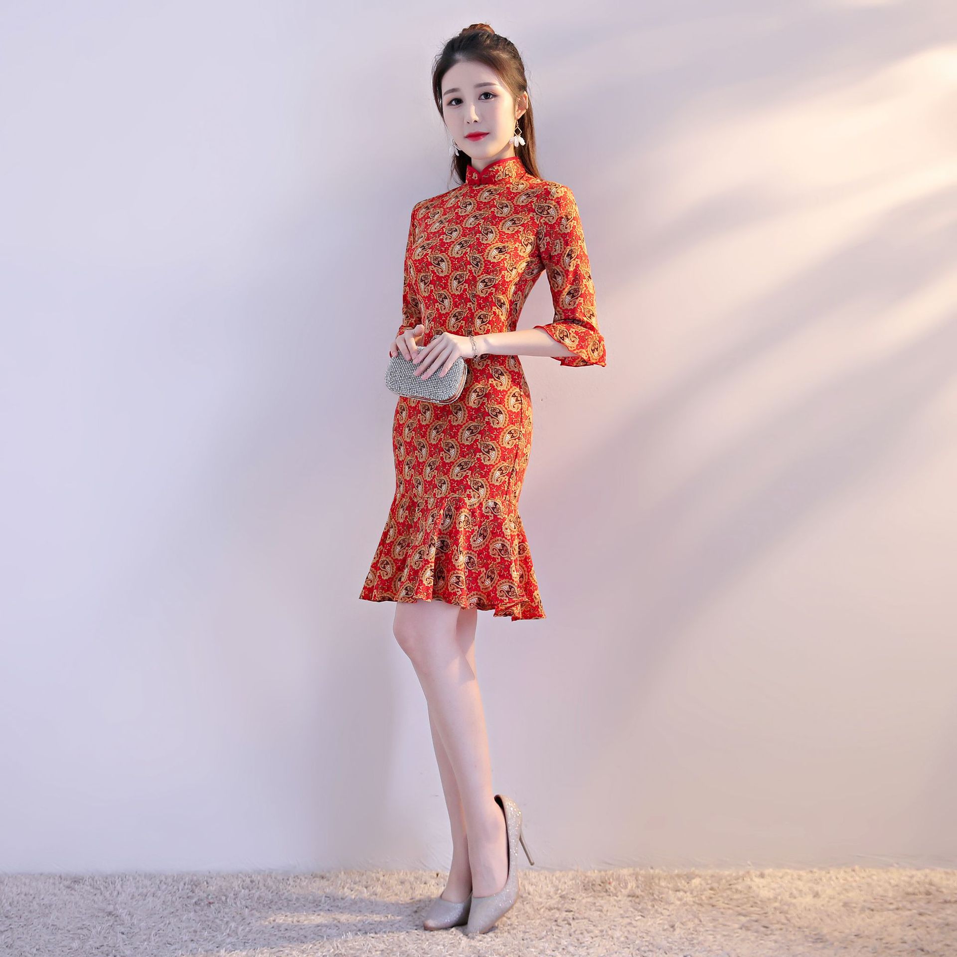2018夏季新款雪纺鱼尾旗袍连衣裙 修身显瘦少女款雪纺改良旗袍