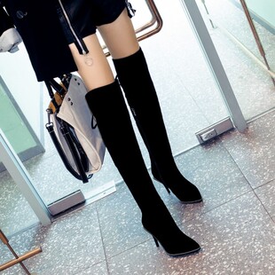 黑色过膝长靴女 绒面欧美尖头系带细高跟侧拉链秋冬新款女鞋2018