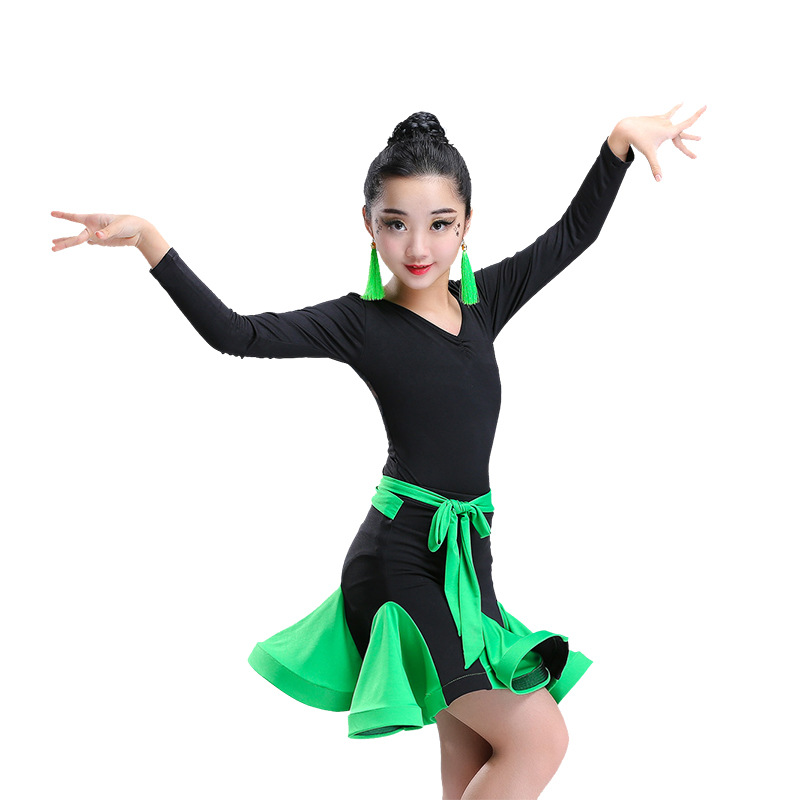 新款儿童v领拉丁舞裙儿童演出服比赛考级服装拉丁舞蹈服表演服