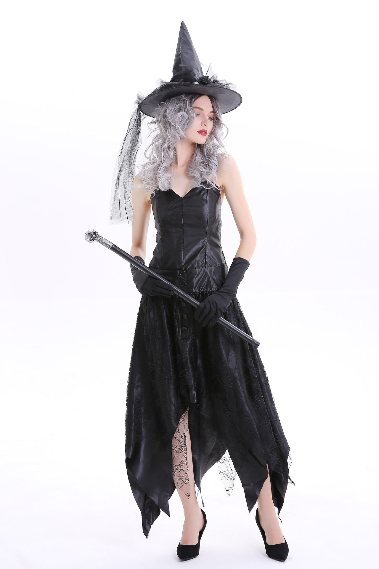 万圣节成人女巫服装 黑色网纱小魔女cos连衣裙日常服 外贸小巫婆
