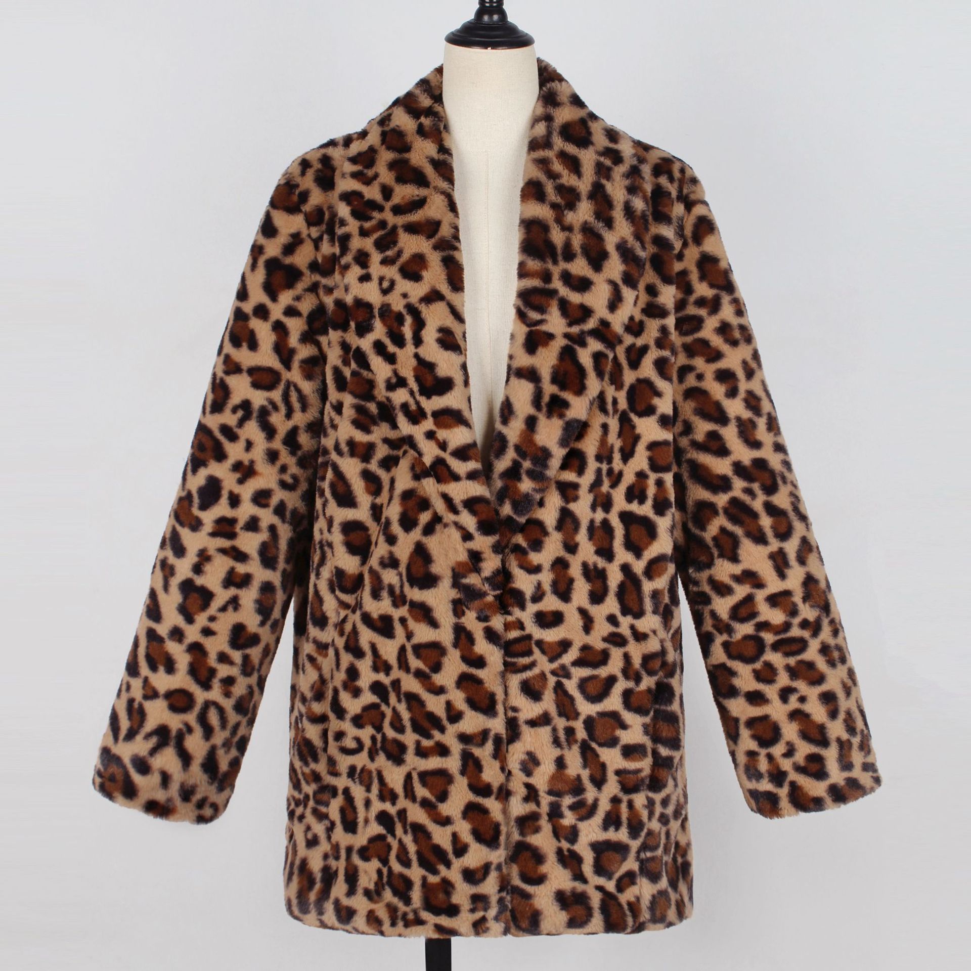 2020欧美热销秋冬豹纹毛皮大衣人造毛皮女式大衣翻领夹克修身外套