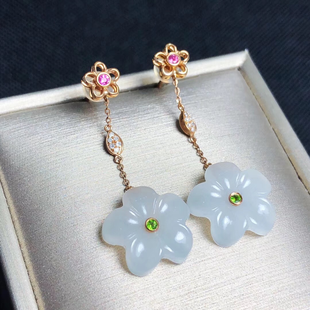 18k金镶和田白玉耳坠 伴镶天然南非真钻 玉石耳坠礼品礼物配证书