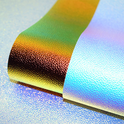 镭射幻彩荔枝纹pu皮革彩虹色荔枝纹人造革化妆包袋收纳包面料现货
