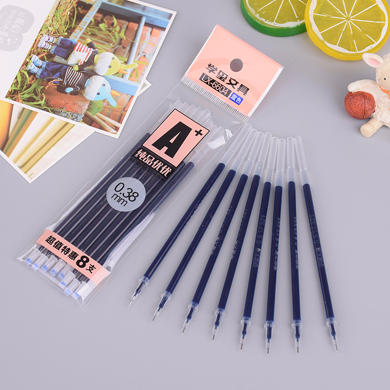 8支装大容量考试笔芯 0.38mm学生笔芯 碳素办公中性笔芯批发