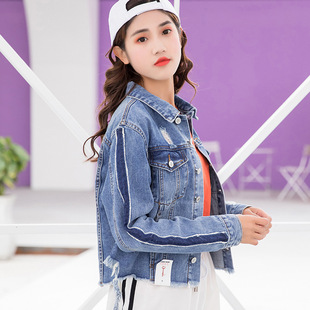 韩版街头牛仔上衣女2018新款长袖毛边破洞bf风牛仔外套上衣女批发