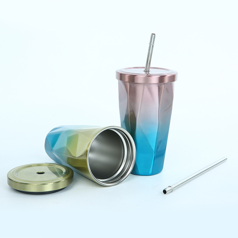 304不锈钢吸管杯菱形渐变 保温杯 可乐杯杯带吸管咖啡杯子